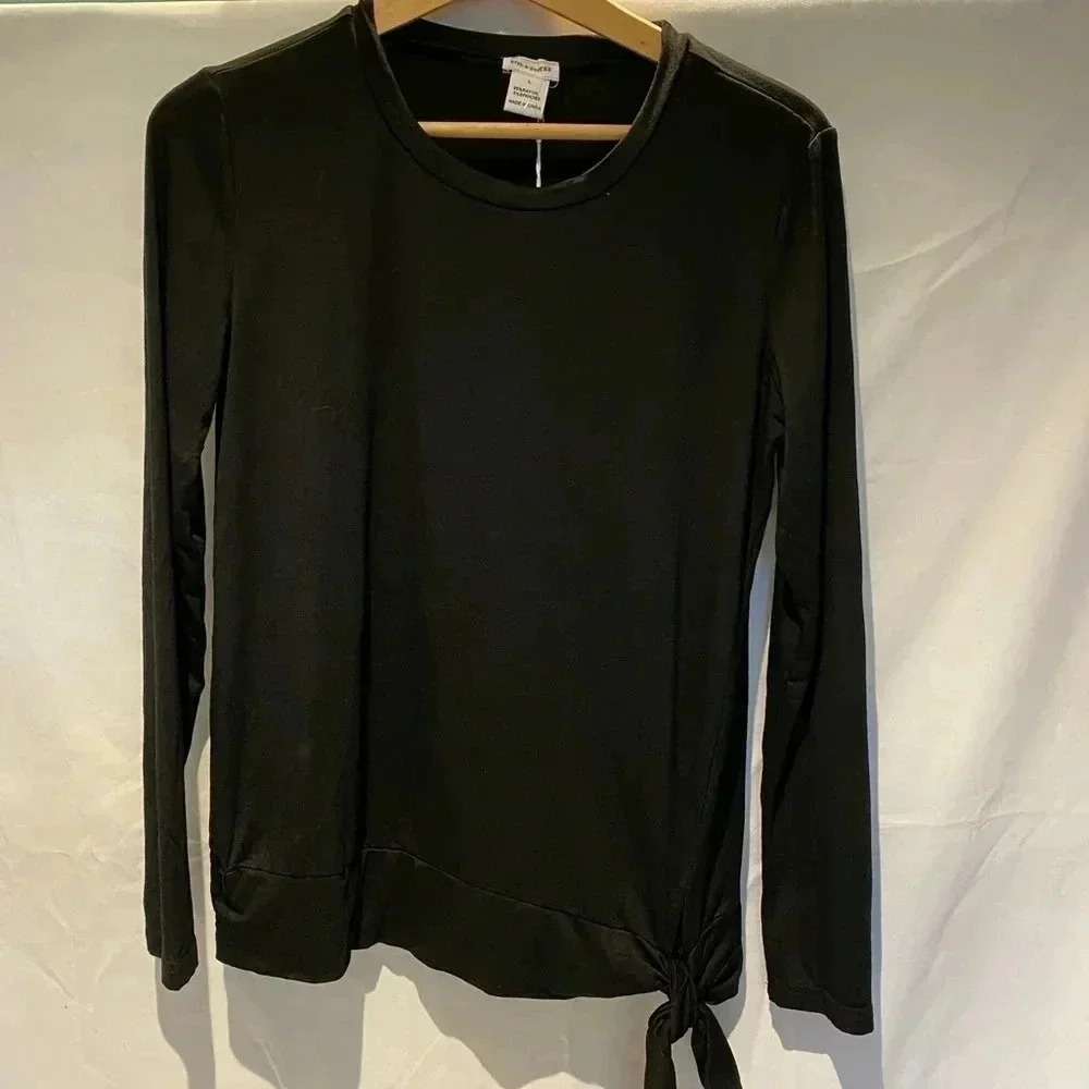 Pret-a-porTEE long sleeve cross tie waist tee, black, L NWT